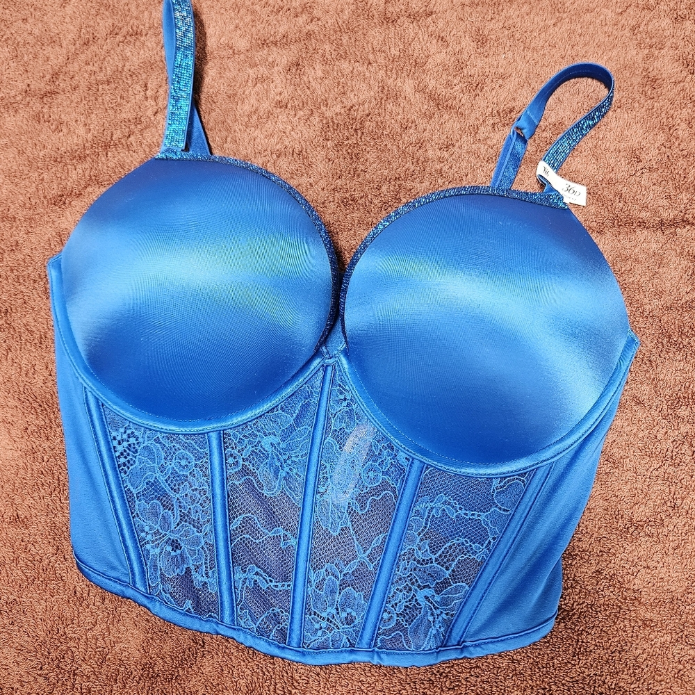 Victoria's Secret Pushup Bombshell Blue Lace Bustier Bra - 36D